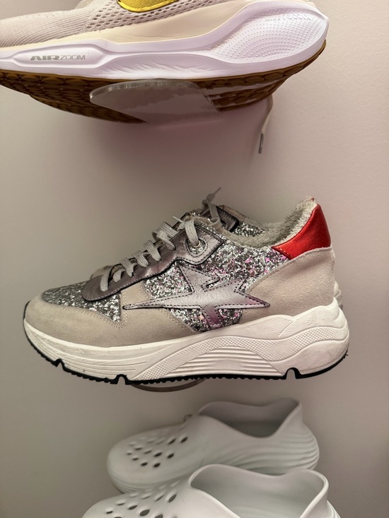 Shoes - Women's Silver Glitter Platform Sneaker with Red Accent